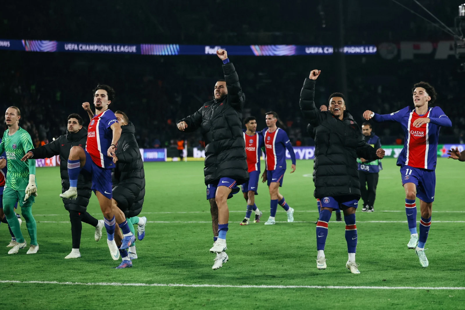 Paris Saint-Germain players celebrate their Champions League victory over Barcelona