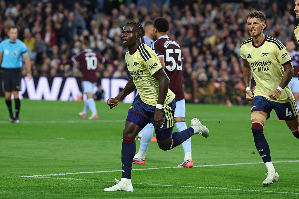 Bukayo Saka celebrates for Arsenal at Villa Park