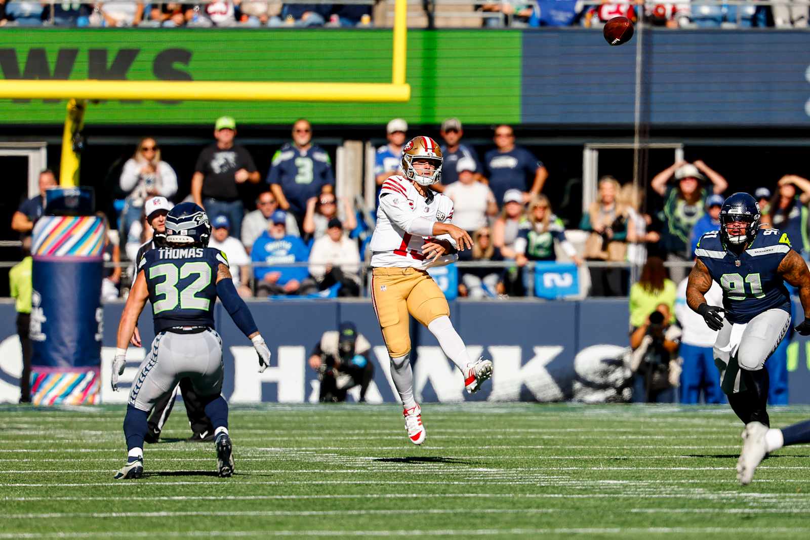 Brock Purdy throws during San Francisco’s Week 5 win in Seattle