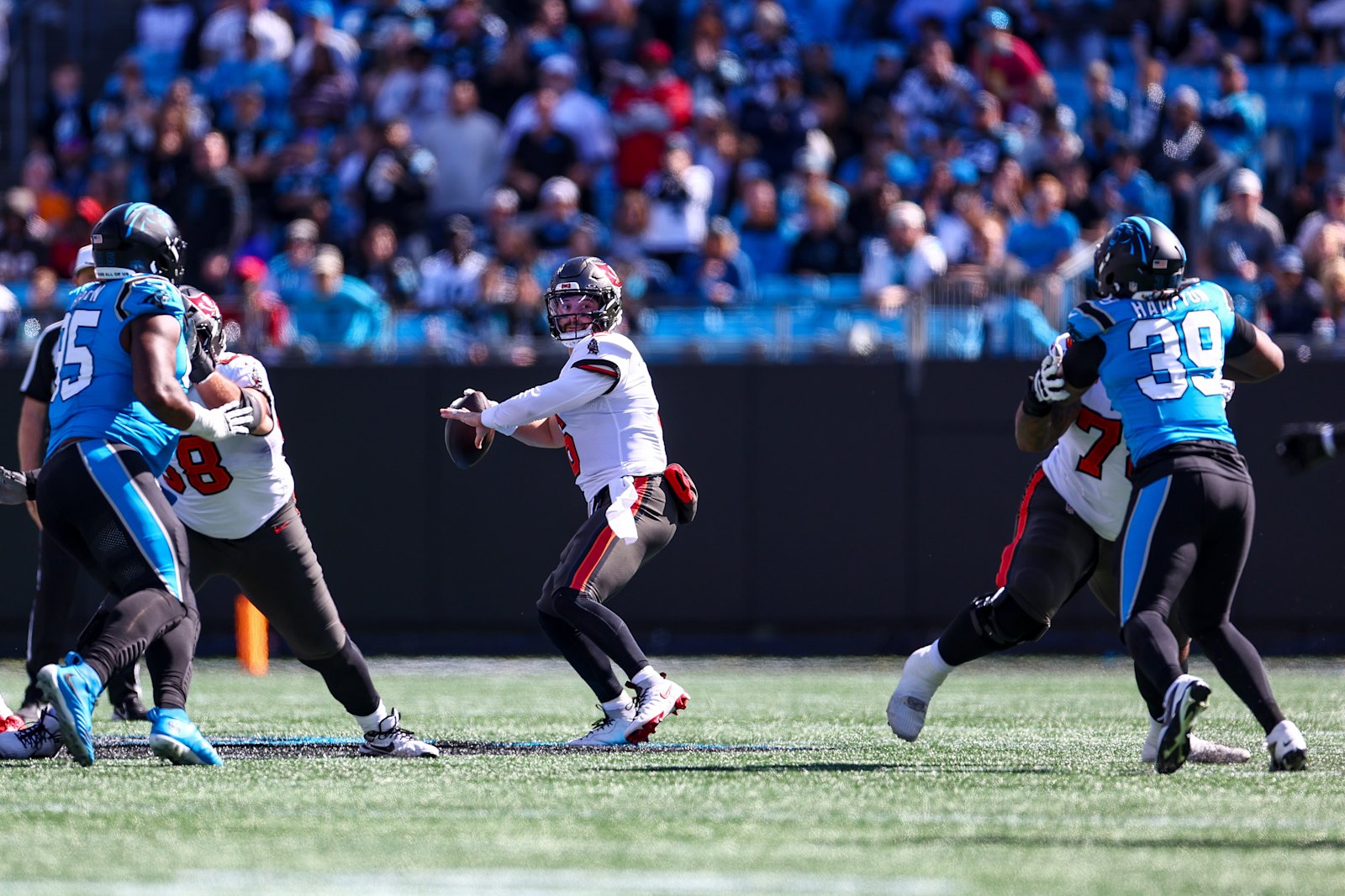 Baker Mayfield throws during Tampa Bay’s Week 7 game at Carolina