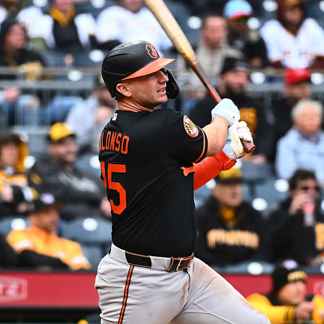 Pete Alonso follows through on a swing for the Baltimore Orioles