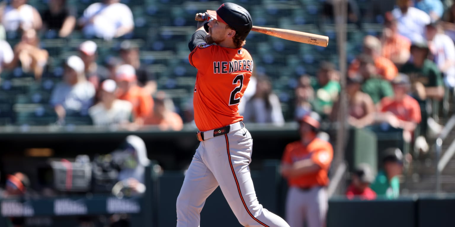 Gunnar Henderson follows through on a swing for the Baltimore Orioles against the Athletics