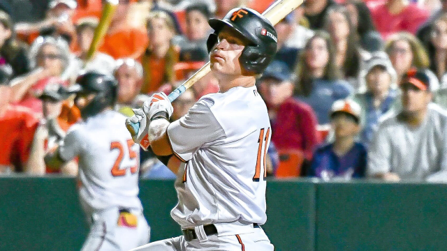 Ike Irish follows through on a swing for Frederick
