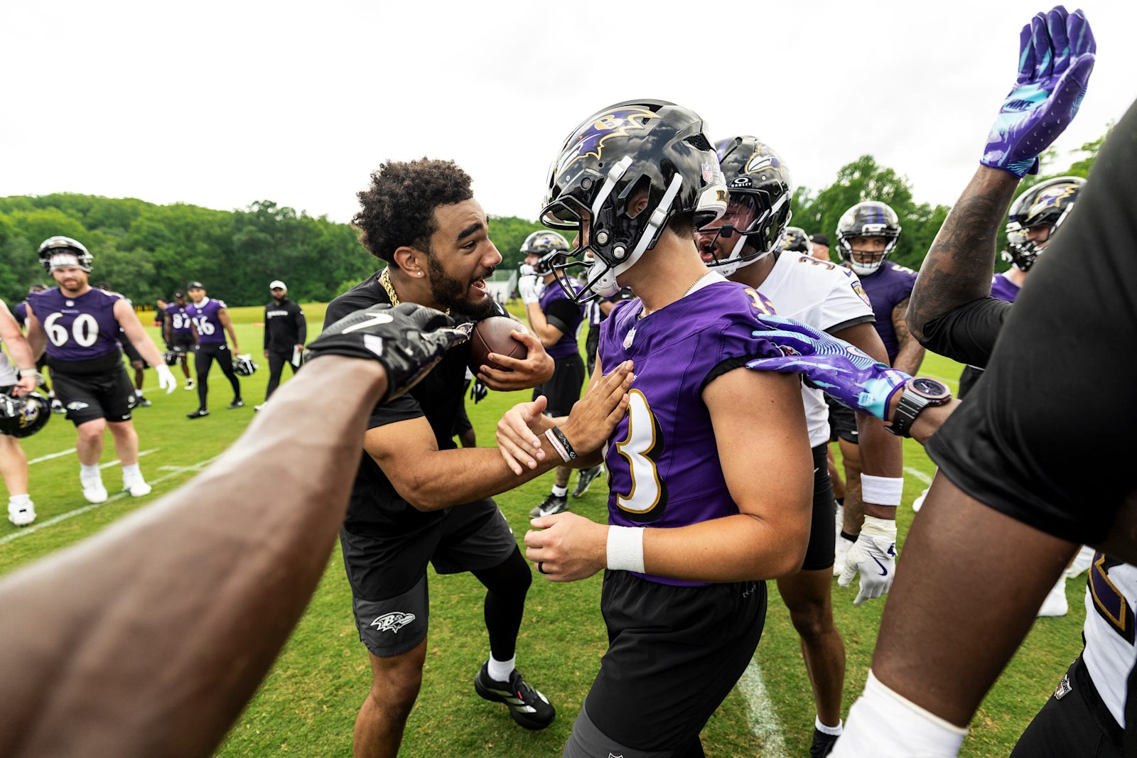 Ravens kicker Tyler Loop celebrates with teammates during the 2026 offseason program