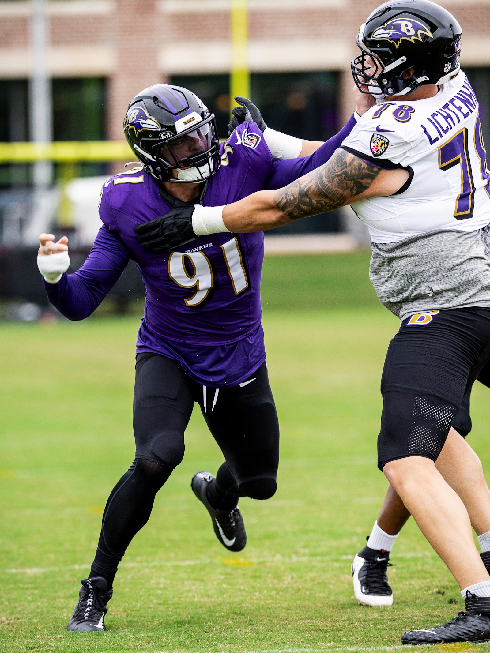 Trey Hendrickson works against a blocker during Ravens practice on October 14