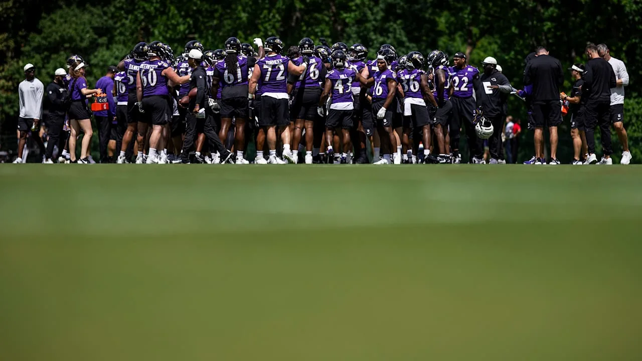 Baltimore Ravens players gather in a huddle during training camp