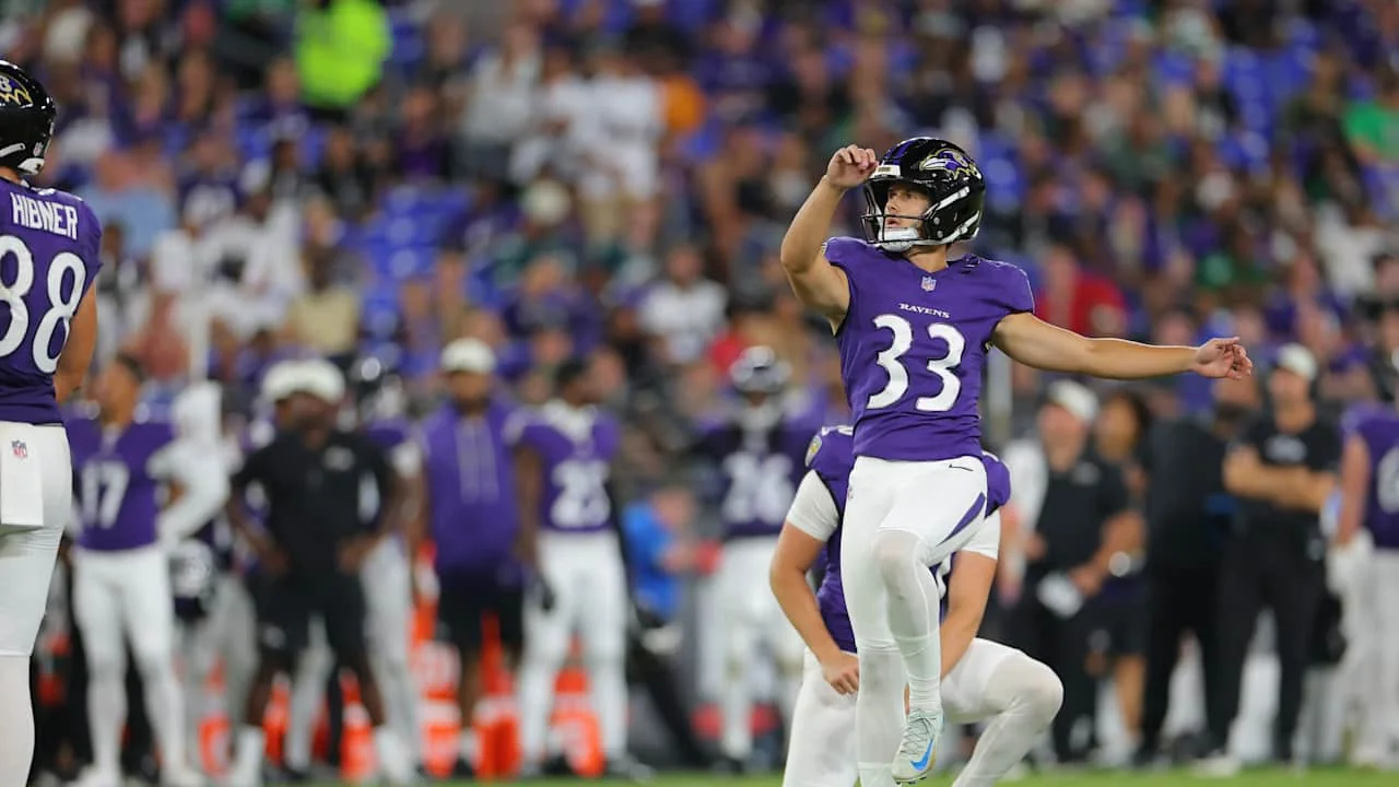 Tyler Loop kicks a field goal during the Ravens’ preseason opener
