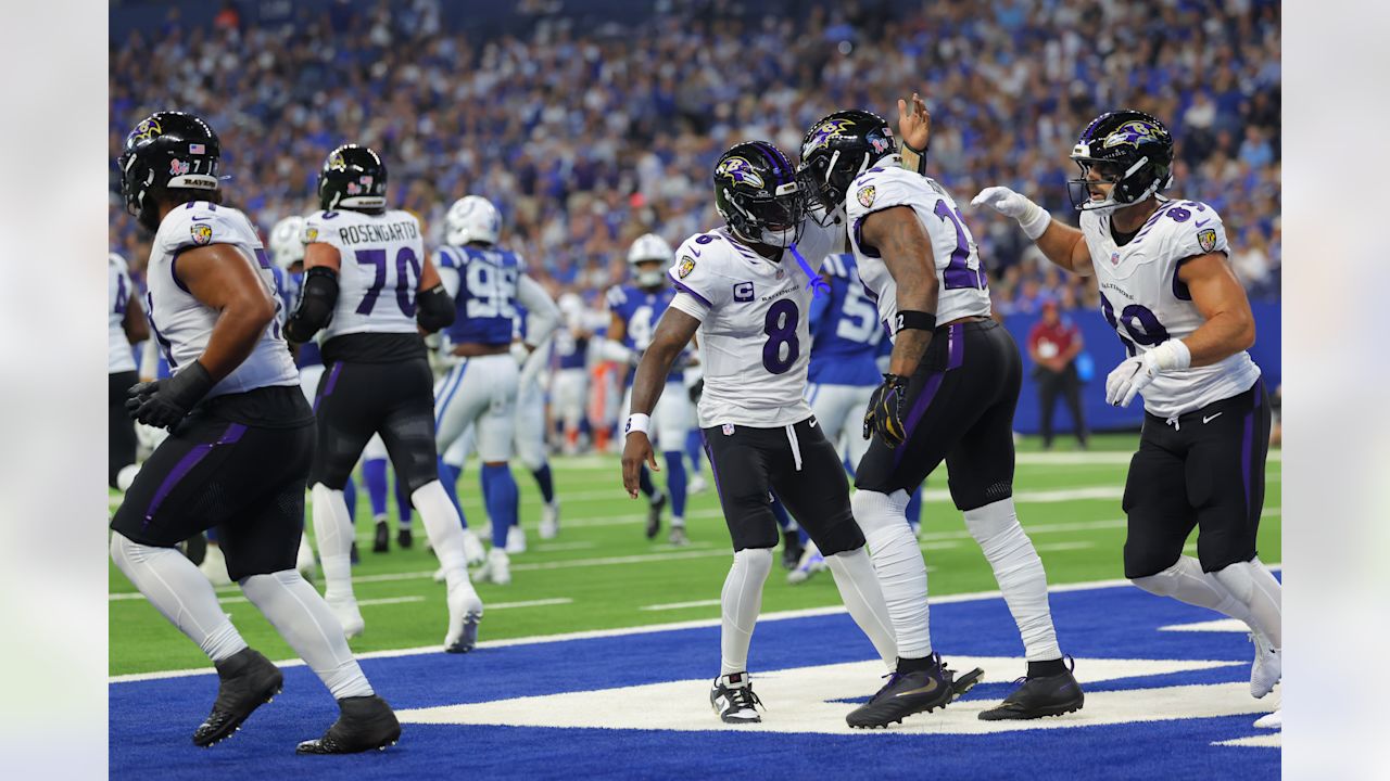 Lamar Jackson and Derrick Henry celebrate during the Ravens' Week 1 win over the Indianapolis Colts