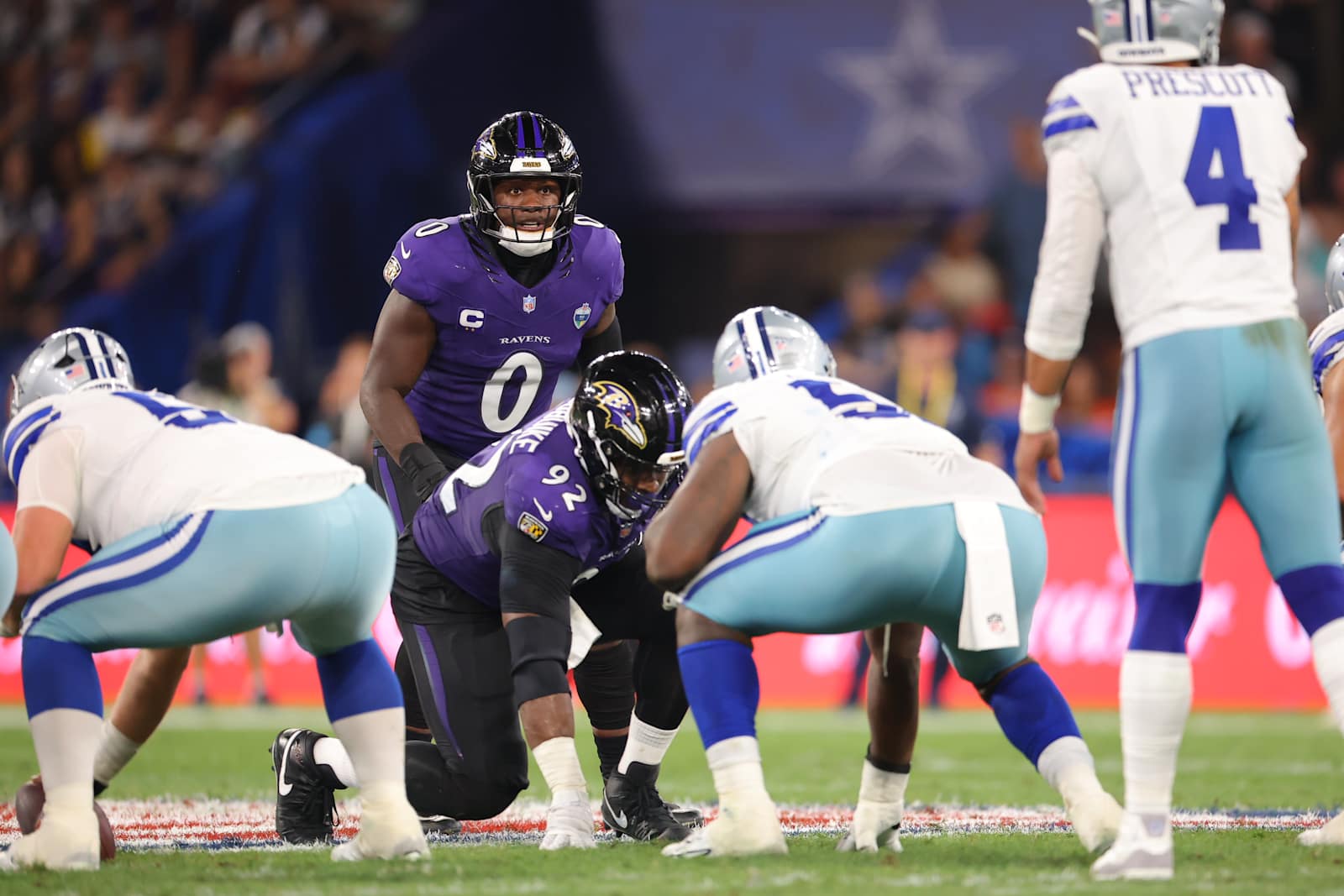 Nnamdi Madubuike lines up to rush Dak Prescott, with Roquan Smith behind him, during Week 3