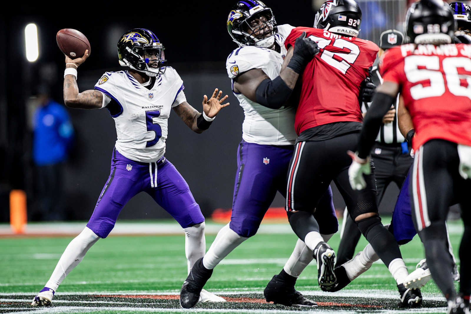 Tyler Huntley throws from the pocket against Atlanta