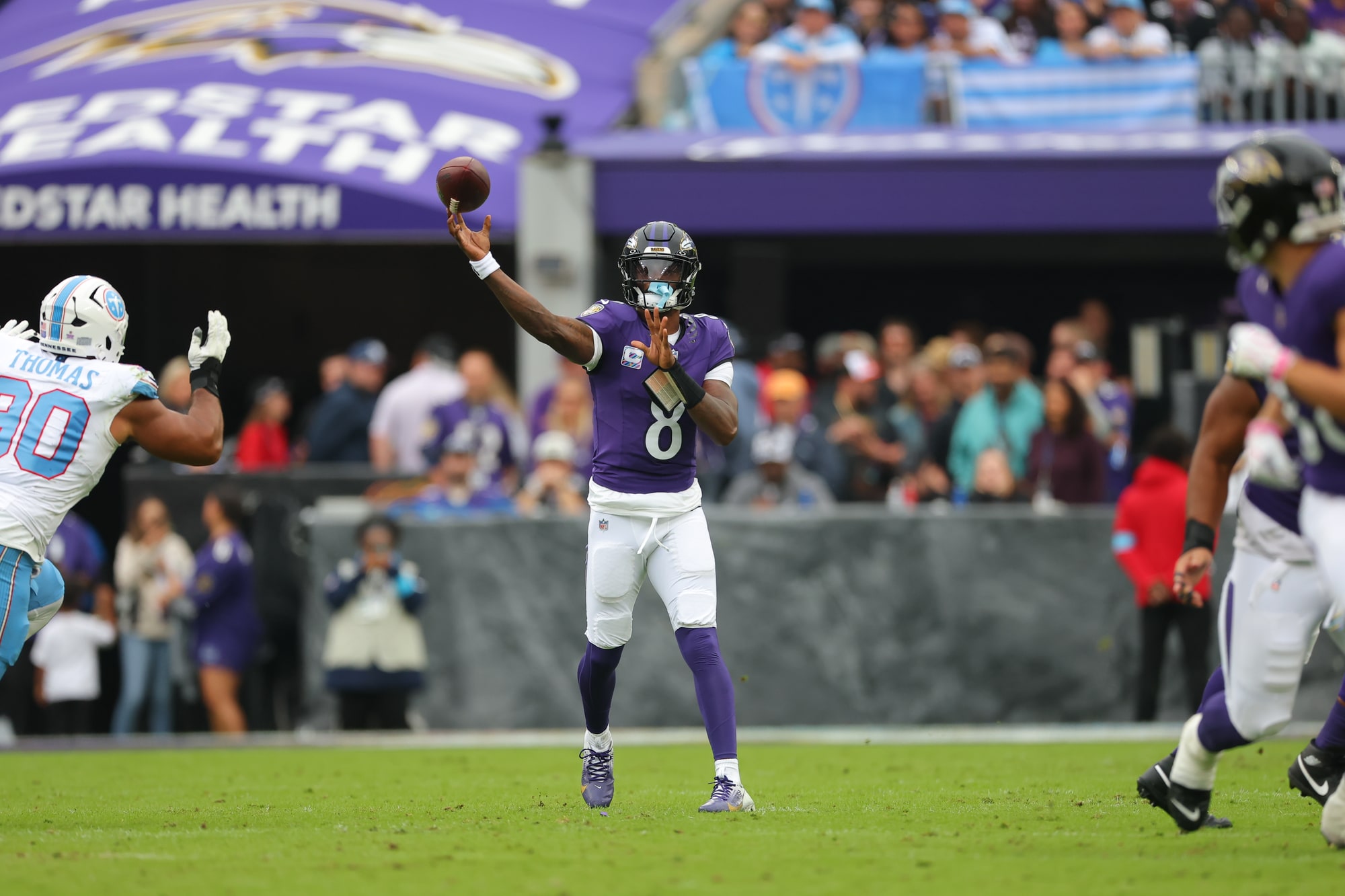 Lamar Jackson throws against the Titans during the Ravens’ Week 4 home win