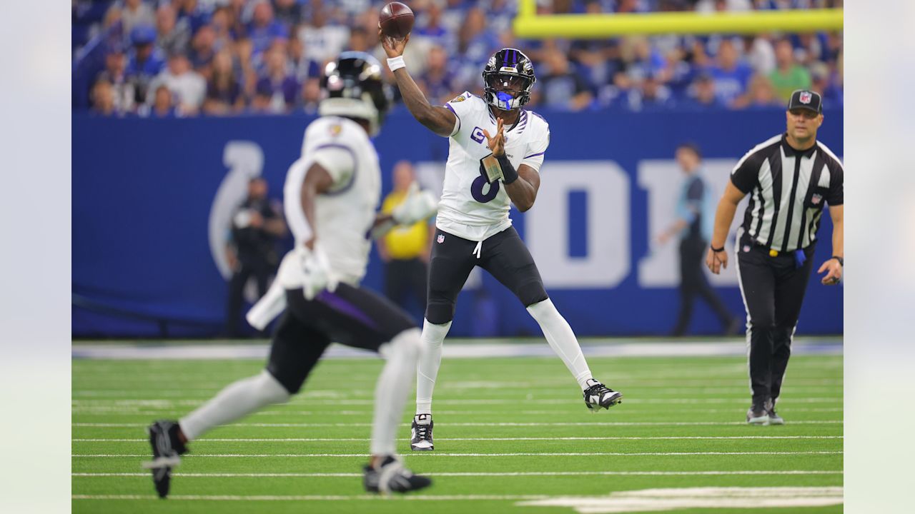 Lamar Jackson throws during the Ravens' Week 1 win over the Indianapolis Colts