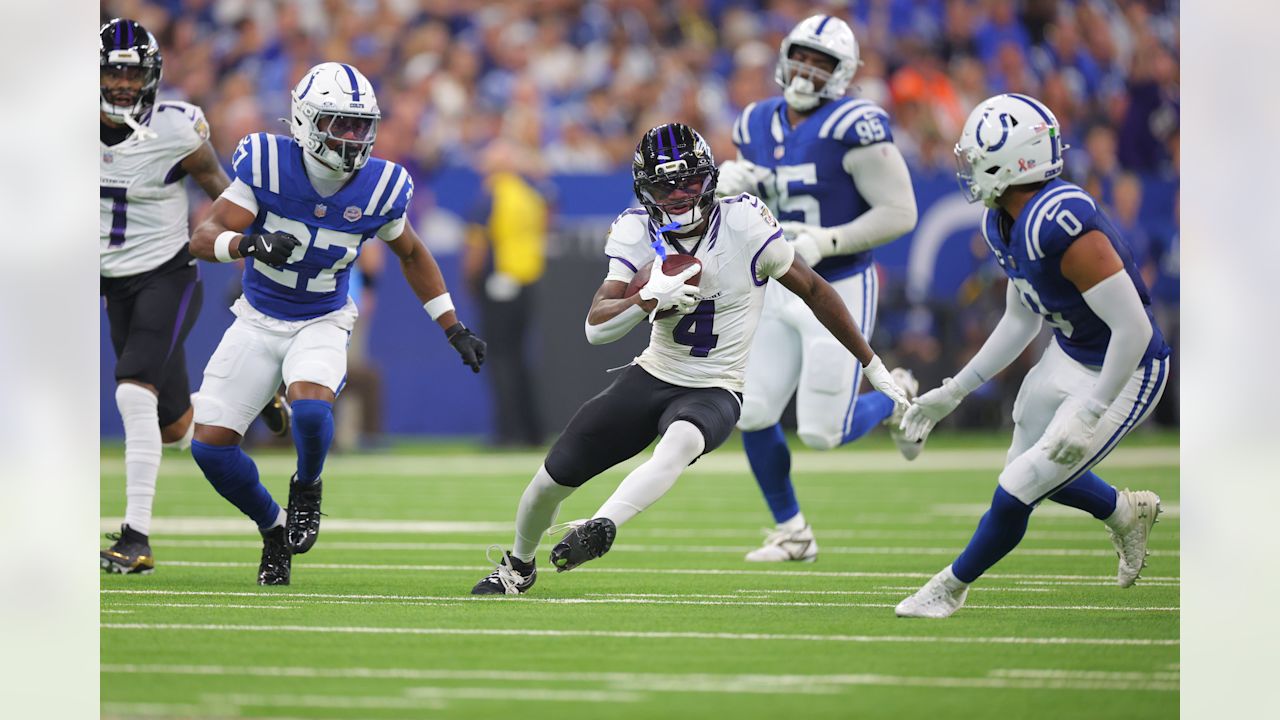 Zay Flowers cuts upfield against the Indianapolis Colts