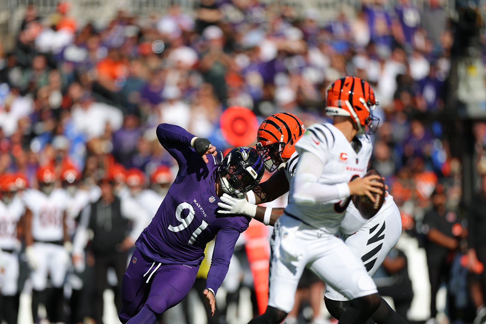 Trey Hendrickson rushes Joe Burrow during the Ravens’ Week 7 game against the Cincinnati Bengals
