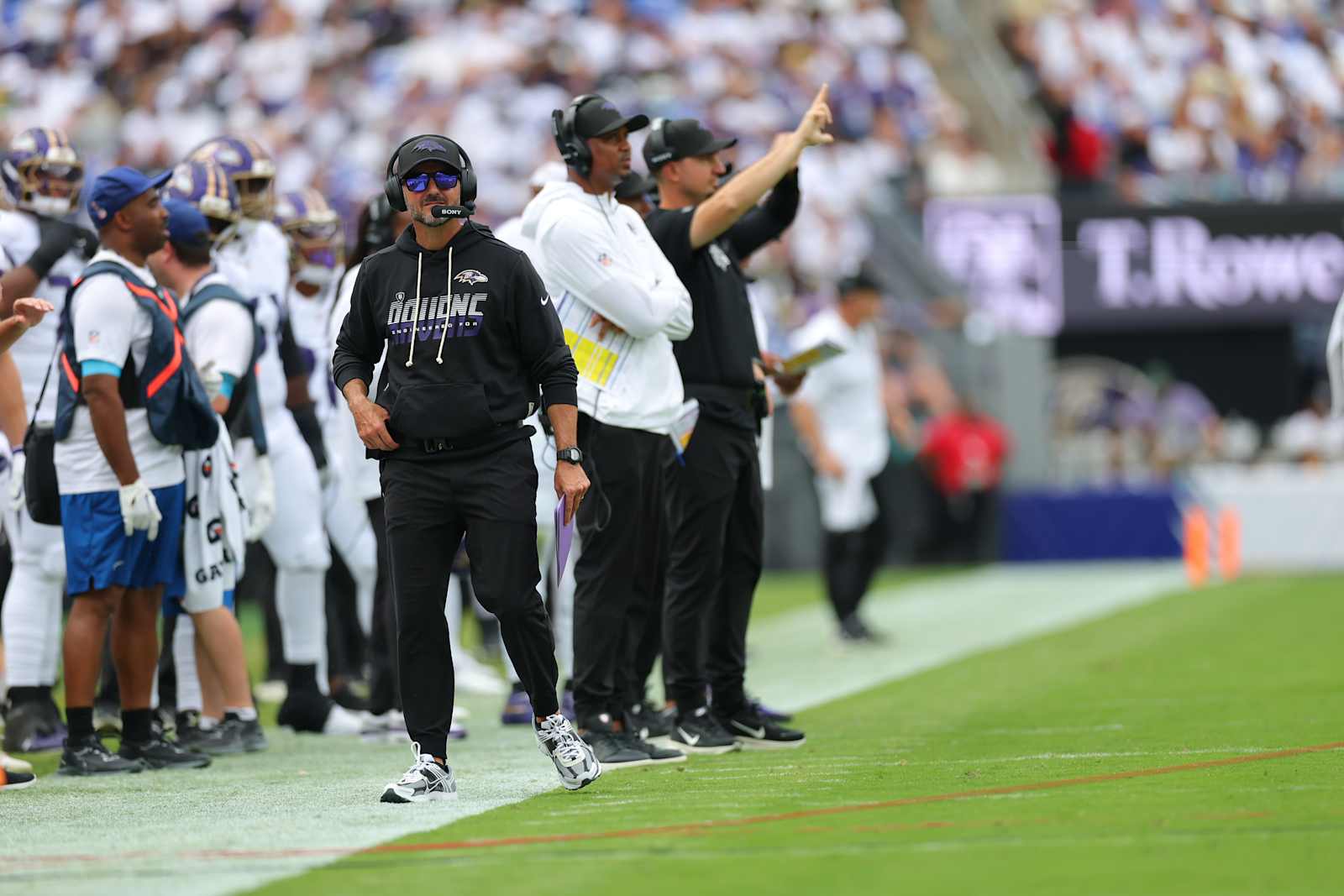Ravens head coach Jesse Minter watches the Week 2 game against the Saints from the sideline