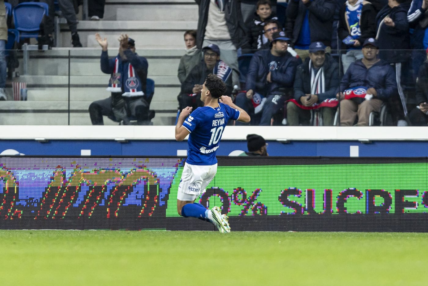 Gio Reyna celebrates his goal against Paris Saint-Germain at Strasbourg on October 17, 2026