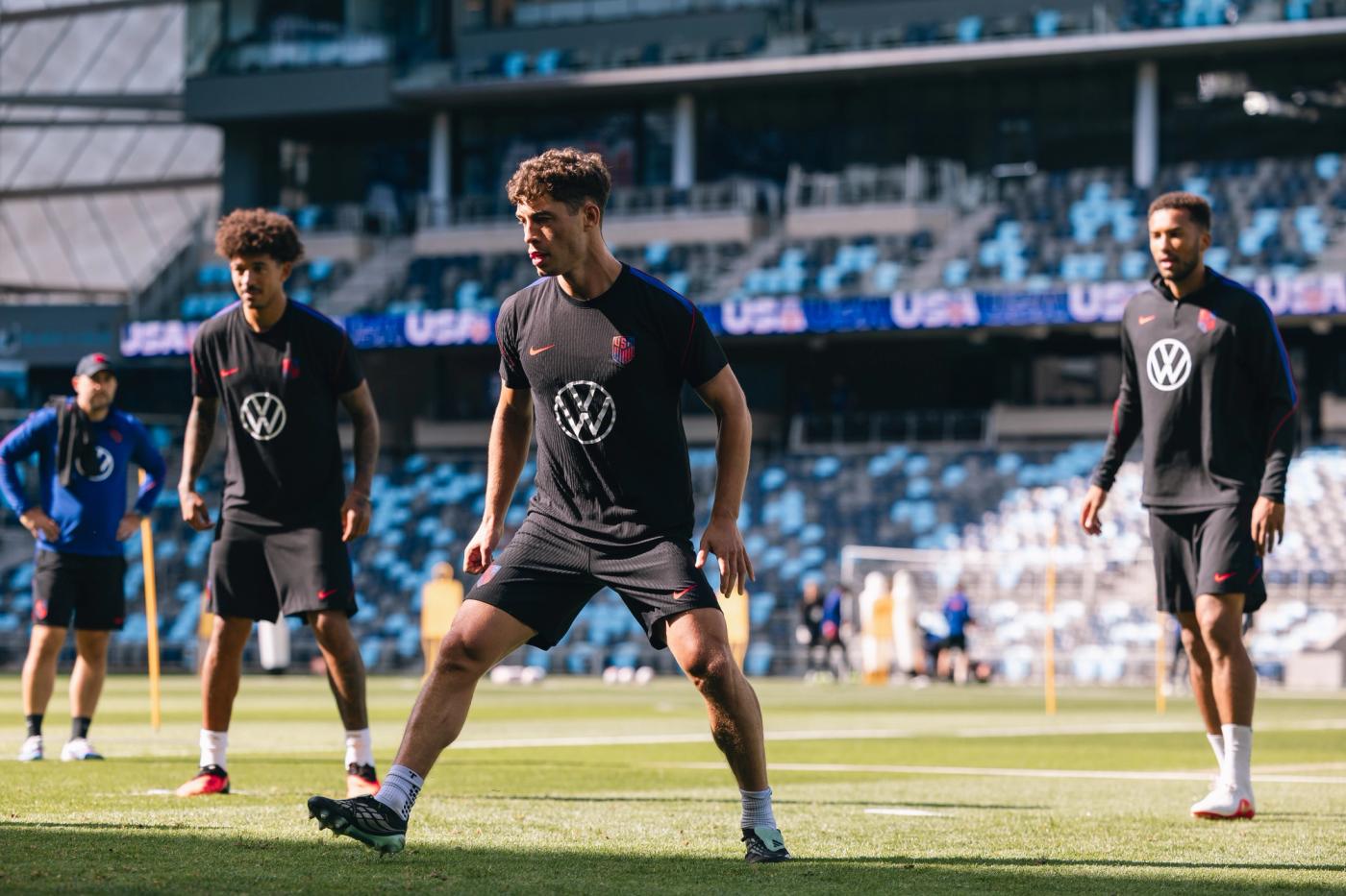 Chris Richards, Sebastian Berhalter and Auston Trusty train at Allianz Field